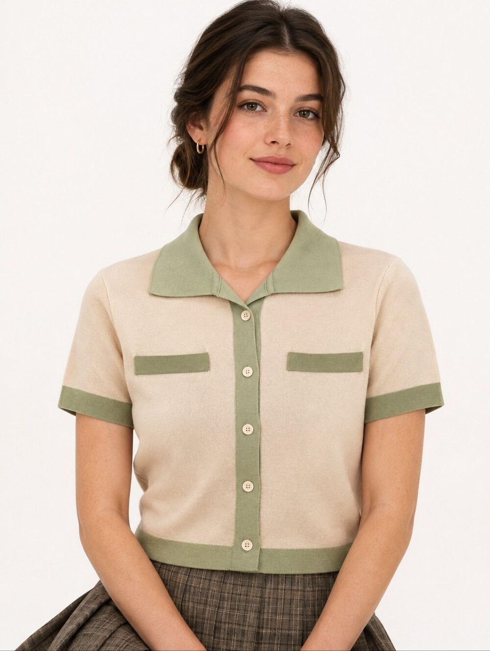 OAK + FORT Cream & Sage Contrast Knit Polo Cardigan Top XS